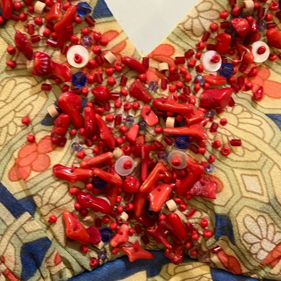 Kay Unger size 6 SILK Blue and Tan Ruched A-Line Midi dress - NWT but FLAWED - Picture 5 of 16